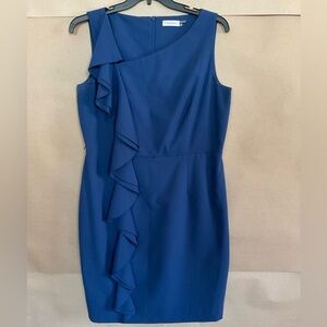 Calvin Klein Asymmetrical Ruffle Dress. Royal blue. Size 14. Knee length.